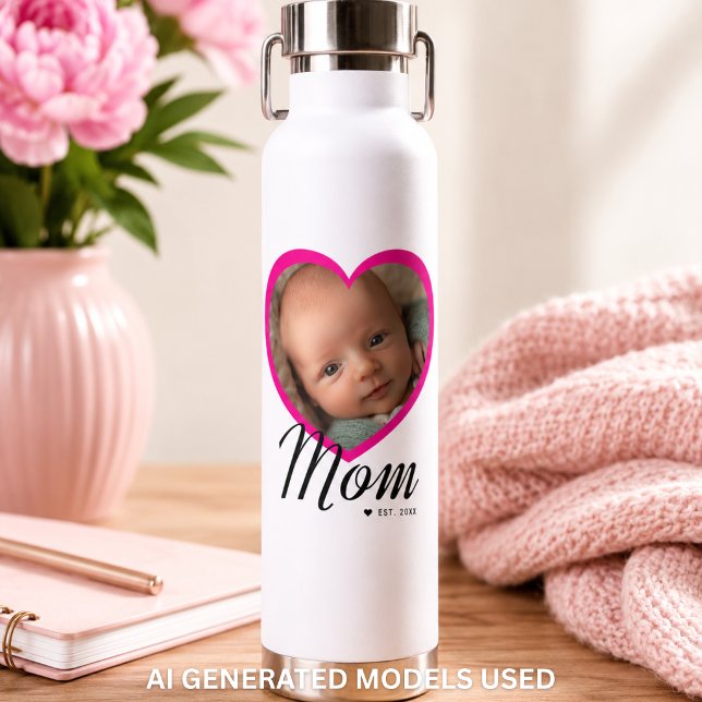 Mum Established Script Pink Heart Photo White Water Bottle (Mom Established Script Pink Heart Photo White Water Bottle)