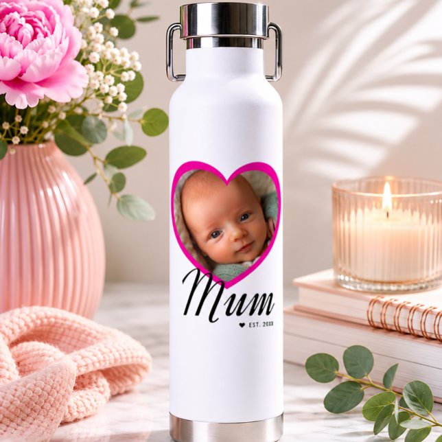 Mum Established Script Pink Heart Photo White Water Bottle (Creator Uploaded)