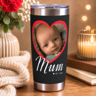 Mum Established Script Red Heart Photo Black Insulated Tumbler