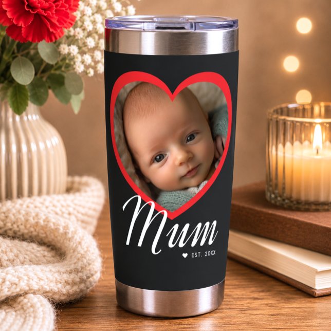 Mum Established Script Red Heart Photo Black Insulated Tumbler (Creator Uploaded)