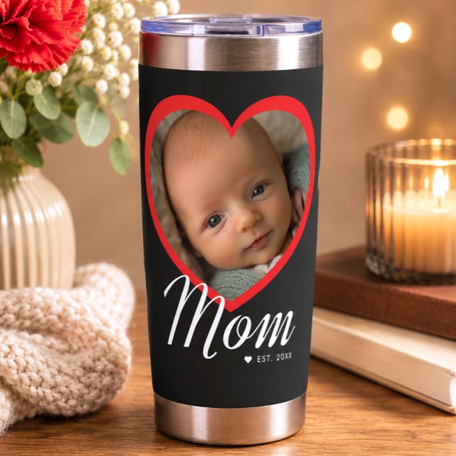 Mum Established Script Red Heart Photo Black Insulated Tumbler (Creator Uploaded)