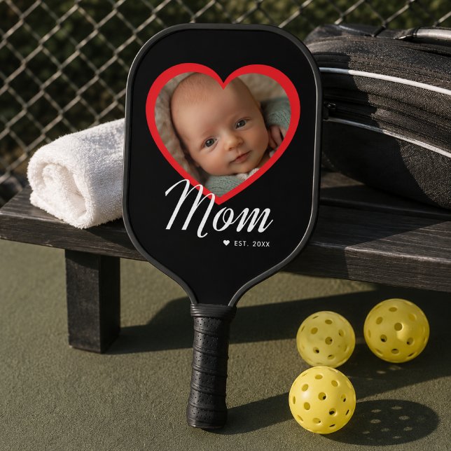 Mum Established Script Red Heart Photo Black Pickleball Paddle (Creator Uploaded)