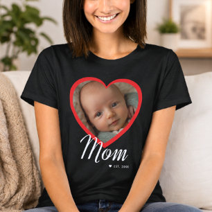 Mum Established Script Red Heart Photo Black T-Shirt