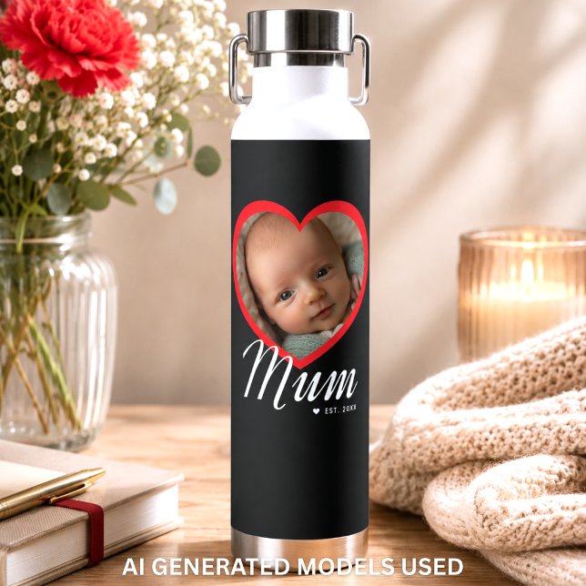 Mum Established Script Red Heart Photo Black Water Bottle (Mum Established Script Red Heart Photo Black Water Bottle)