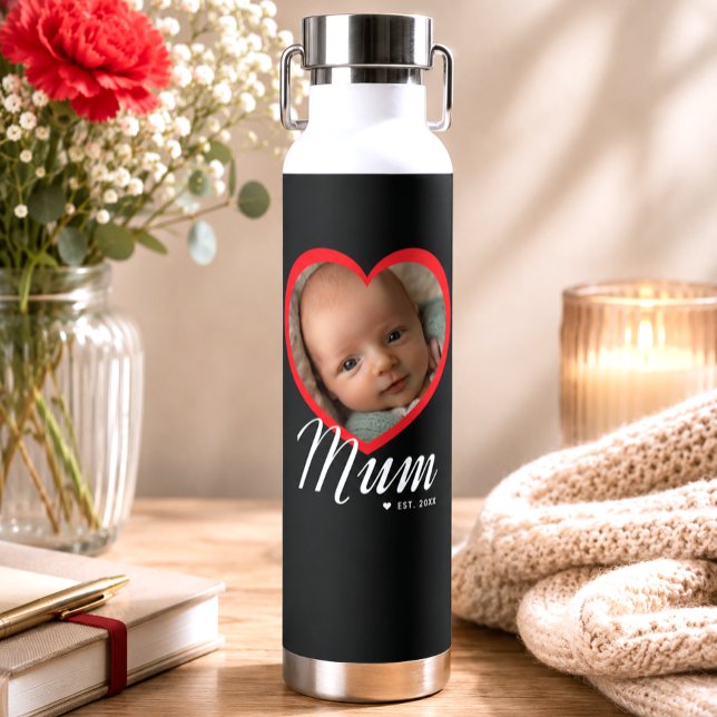 Mum Established Script Red Heart Photo Black Water Bottle (Creator Uploaded)