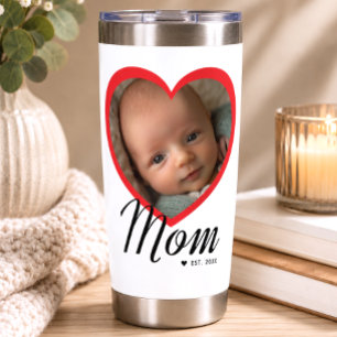 Mum Established Script Red Heart Photo White Insulated Tumbler