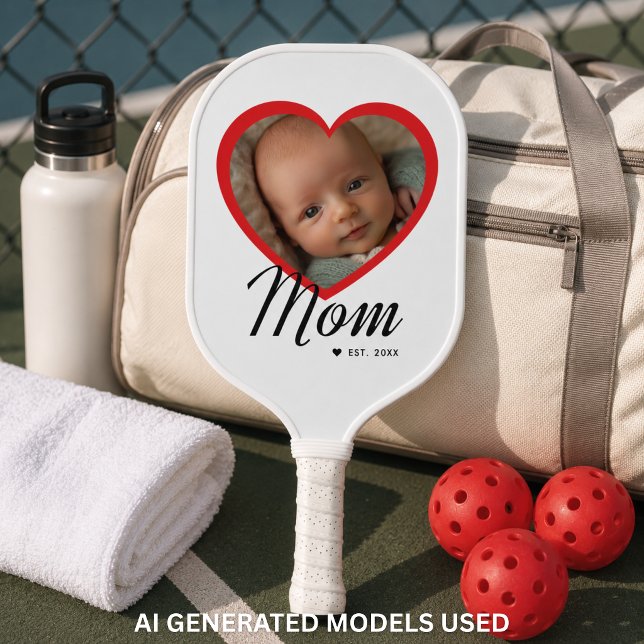 Mum Established Script Red Heart Photo White Pickleball Paddle (Mom Established Script Red Heart Photo White Carbon Fiber Pickleball Paddle)