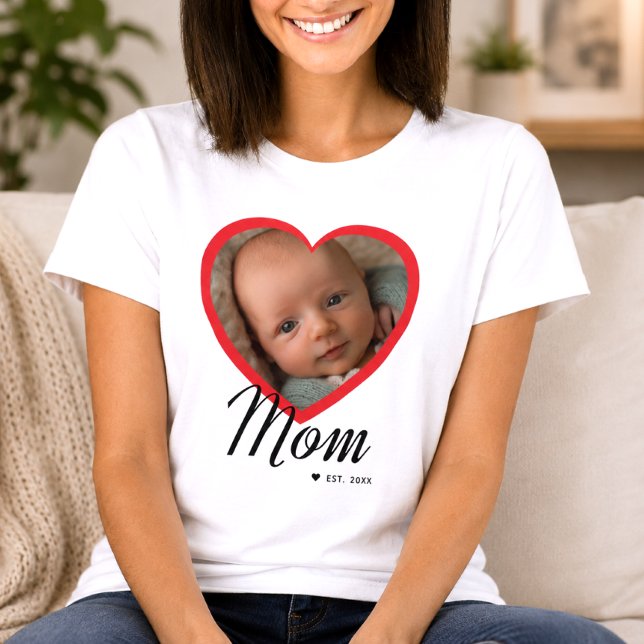 Mum Established Script Red Heart Photo White T-Shirt (Mom Established Script Red Heart Photo White T-Shirt)