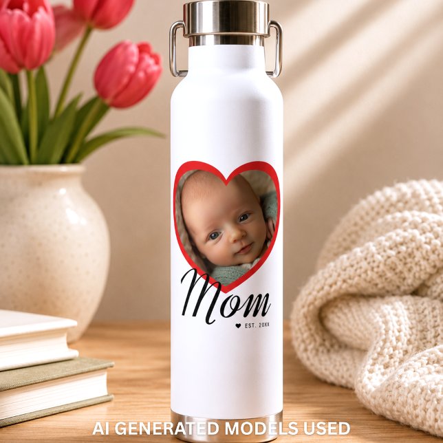 Mum Established Script Red Heart Photo White Water Bottle (Mom Established Script Red Heart Photo White Water Bottle)