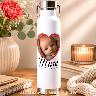 Mum Established Script Red Heart Photo White Water Bottle