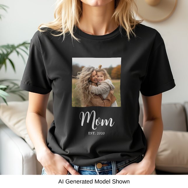 Mum Established Script Text Photo T-Shirt (Established mom 1 photo white script text personalized t-shirt gift for Mother's Day or Birthday)