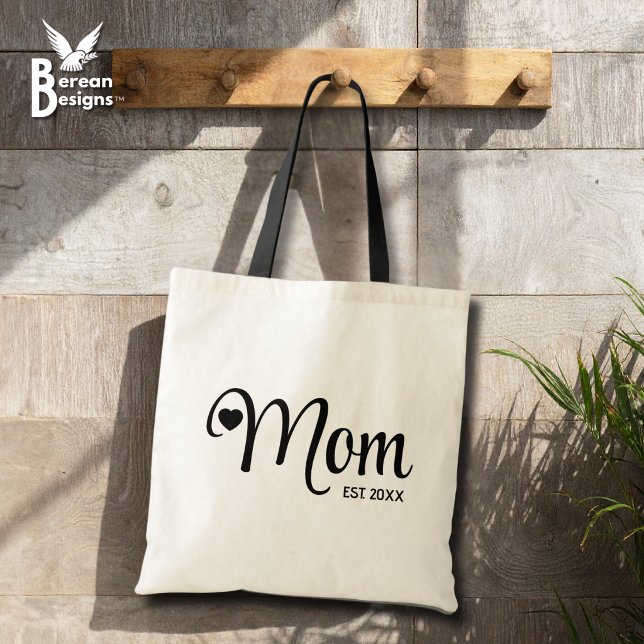 Mum Established Simple Script Mothers Gift Tote Bag (MOM ESTABLISHED Script Budget Tote Bag with customizable text. Ideal Mother's Day gift for her.)