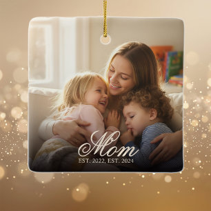 Mum Established White Elegant Script Photo Ceramic Ornament