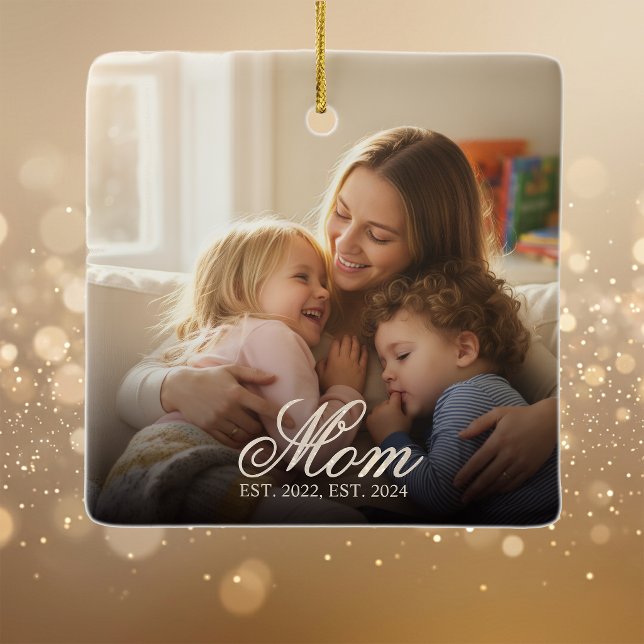 Mum Established White Elegant Script Photo Ceramic Ornament (Mom Established White Elegant Script Photo Ceramic Ornament)