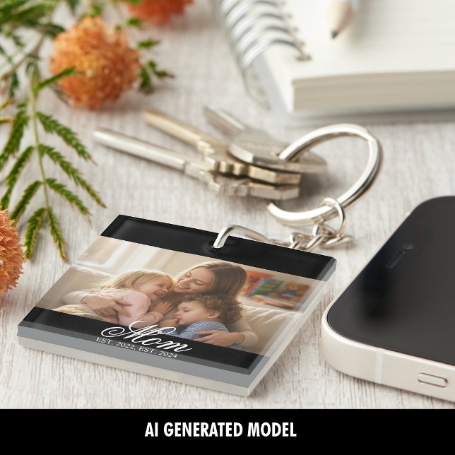 Mum Established White Elegant Script Photo Key Ring (Creator Uploaded)