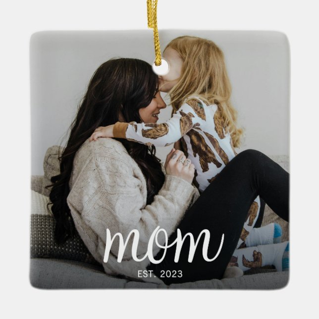 Mum Established White Script Photo Ceramic Ornament (Front)