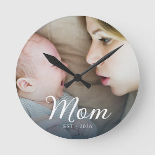 Mum Established White Script Photo Round Clock