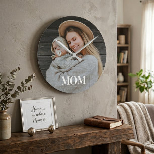 Mum Established White Typography Photo Gift Round Clock