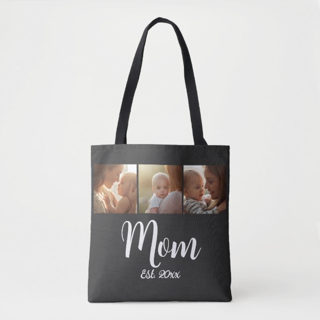 Mum Established year Script Black 3 Photo Tote Bag (Front)