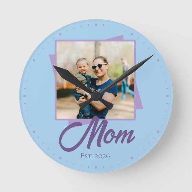 Mum Established Year with Custom Photo Round Clock (Front)