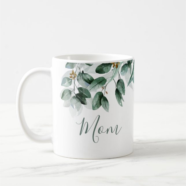 Mum Eucalyptus Foliage Modern Watercolor Coffee Mug (Left)