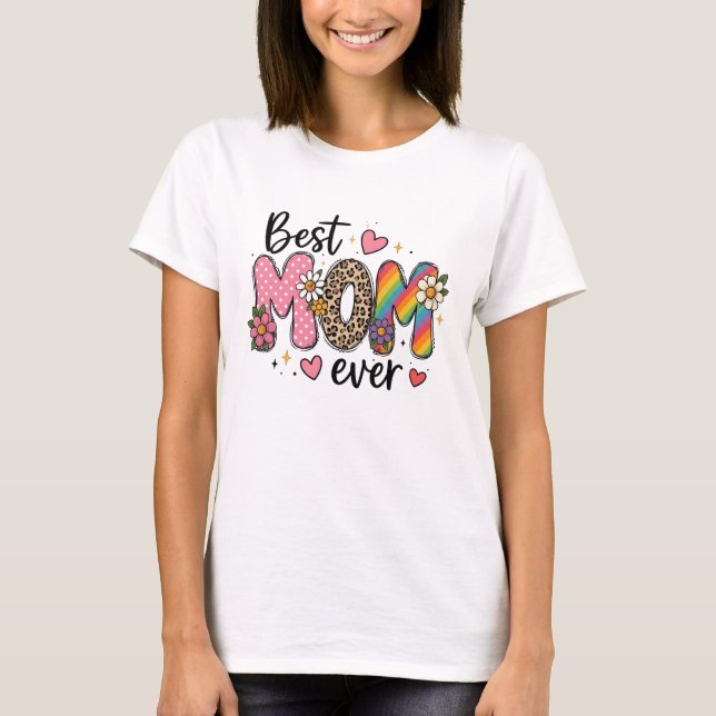 Mum Ever Floral Leopard Rainbow Design T-Shirt (Front)
