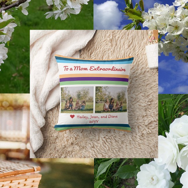 Mum Extraordinaire 2 Photos Names Script Modern Cushion (Modern, minimalist photo pillow for a Mom Extraordinaire)
