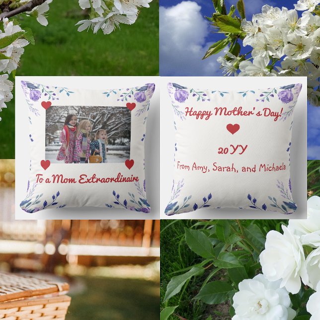 Mum Extraordinaire Hearts Photo Floral Chic Script Cushion (To a Mom Extraordinaire. Elegant and cute floral photo pillow with hearts)
