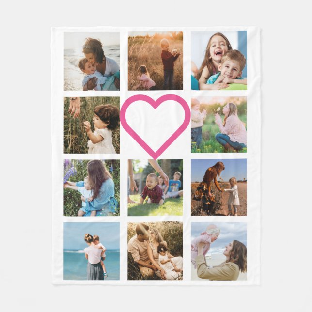 Mum Family Photo Collage Pink Heart Fleece Blanket (Front)