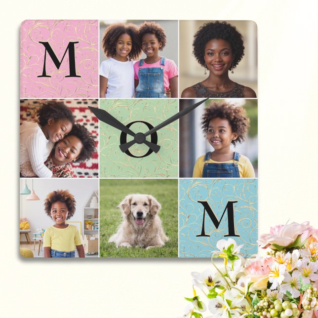 Mum Family Photos 6 Pictures Mother's Day Square Wall Clock (An elegant square wall clock for Mom, customizable with 6 favorite photos)