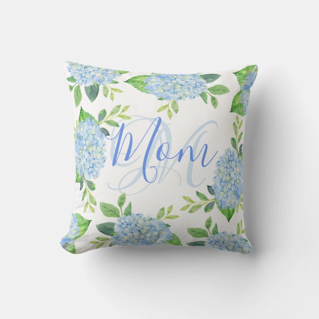 Mum Floral Blue Hydrangea Watercolor Modern Cushion (Front)