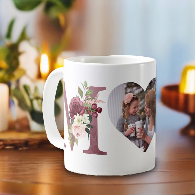 Mum Floral Heart Photo Botanical Coffee Mug (Give your mom a beautiful design with the word mug with watercolor floral on the M's)