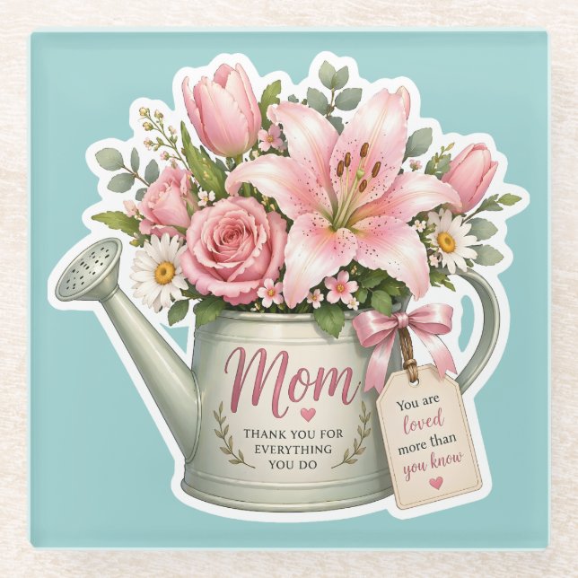 Mum Flower Watering Can Glass Coaster (Front)