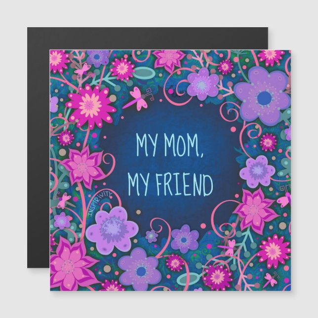Mum Friend Pretty Floral Heart Blue Magnetic Card (Front/Back)
