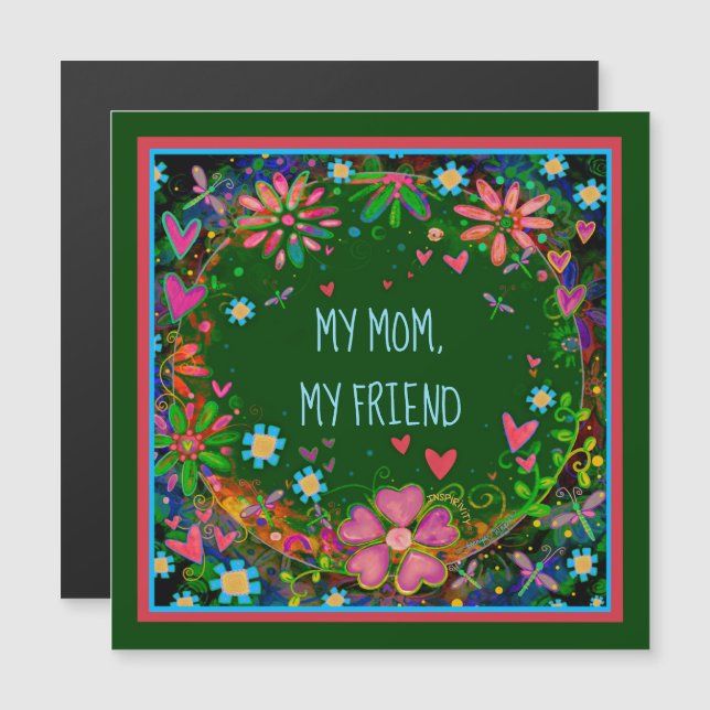 Mum Friend Pretty Floral Heart Green Magnetic Card (Front/Back)
