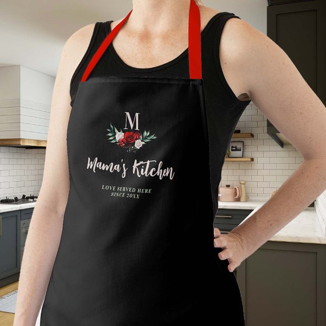 Mum Gift Black Red Roses Floral Elegant Monogram Apron (mom apron elegant personalized christmas gift monogram mamas kitchen black red roses pretty cute)