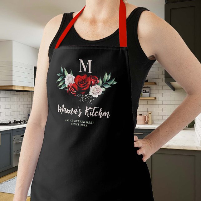 Mum Gift Black Red Roses Wreath Elegant Monogram Apron (mom apron personalized christmas gift monogram black red white green roses flowers elegant pretty)