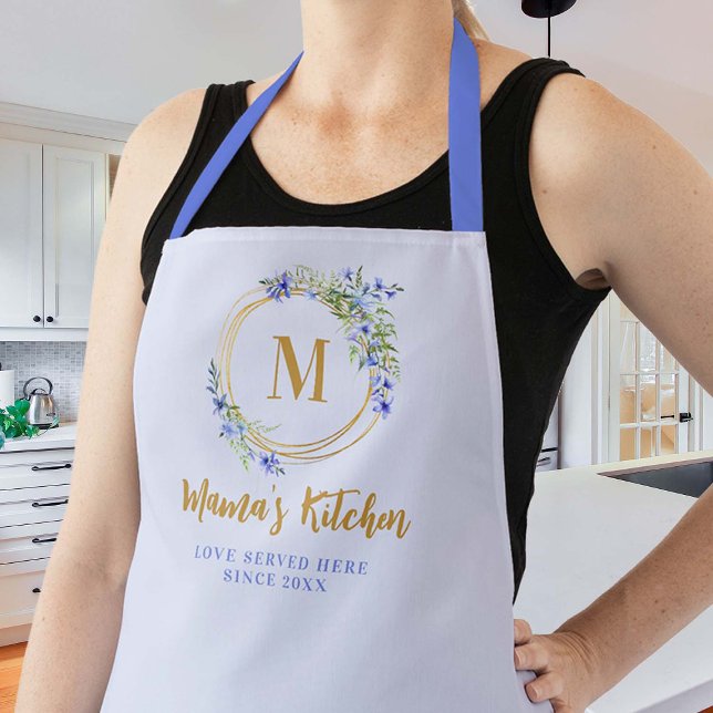 Mum Gift Blue Meadow Wildflower Chic Gold Monogram Apron (mom apron christmas gift blue wildflowers wreath monogram gold geometric elegant pretty cute chic)