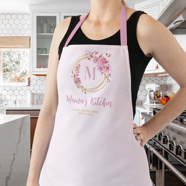 Mum Gift Dusty Pink Wildflowers Gold Monogram Apron (mom apron personalized monogram christmas gift dusty pink wildflowers gold circles frame pretty )