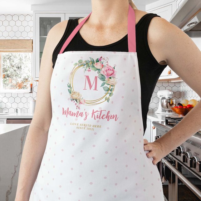 Mum Gift Pink Blush Rose Polka Dots Gold Monogram  Apron (mom apron personalized christmas gift pink blush roses floral gold geometric frame monogram polka)
