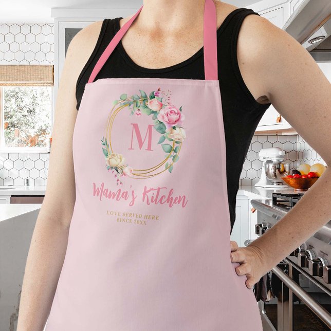 Mum Gift Pink Blush Roses Gold Monogram Floral Apron (mom apron personalized christmas gift pink blush roses eucalyptus greenery monogram pretty cute chic)