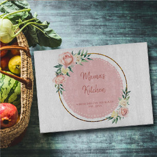 Mum Gift Pink Gold Green Floral Wreath Blush Roses Cutting Board