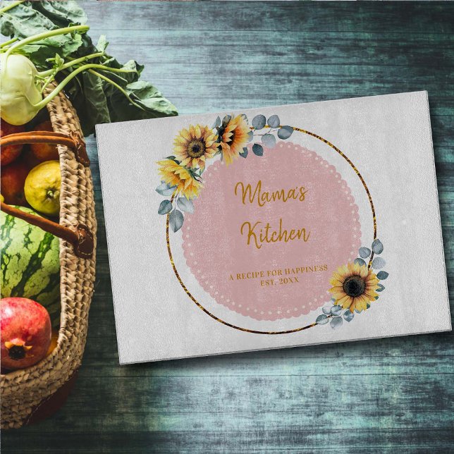 Mum Gift Sunflowers Eucalyptus Flowers Gold Wreath Cutting Board (mom gift glass cutting board sunflowers wreath eucalyptus greenery gold pink thanksgiving christmas )