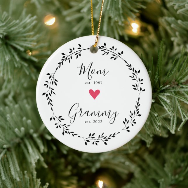 Mum | Grammy Year Est. Heart Ceramic Ornament (Tree)
