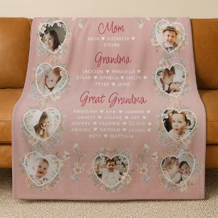 Mum Grandma & Great Grandma With Names Floral Fleece Blanket
