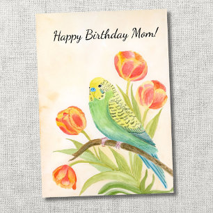 Mum Happy Birthday Parakeet with Tulips Card