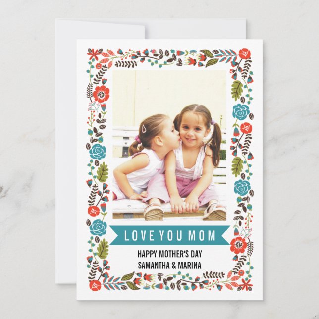 Mum, Happy Mothers Day teal and red floral photo Card (Front)