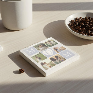 Mum Heart Photo Collage Gird Monogram Keepsake Stone Coaster