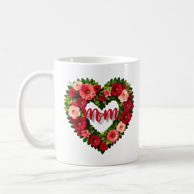 "Mum" Heart-Shaped Wreath of Flowers Mug (Left)