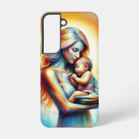 Mum holding baby luminous tender embrace art